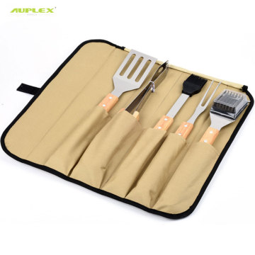 Wooded BBQ Accessories 5 piece set,Clip, shovel, oil brush, cleaning brush with storage bag Stainless Steel BBQ Tools Grill