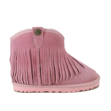 Girls Pink Fringe Ankle Boots Fur lined