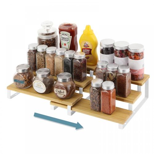 Bamboo Expandable Spice Rack 3 Tier Step Shelf