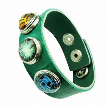 Dark Green with Special Acrylic Rhinestone Button Design Leather Bracelets, OEM/ODM Orders Welcomed