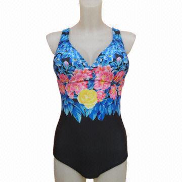 Ladies' Swimsuit with V-shape Neckline and Top with Full Flower Print