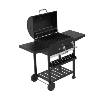 Large Charcoal Grill with Black Finish, Side Table, and PE Wheels for Outdoor Parties