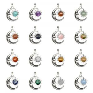 Natural Stone Silver Alloy Moon Gemstone Sun Pendant Crystal Moon Pendant for Diy Jewelry Making Approx 7x23x27mm