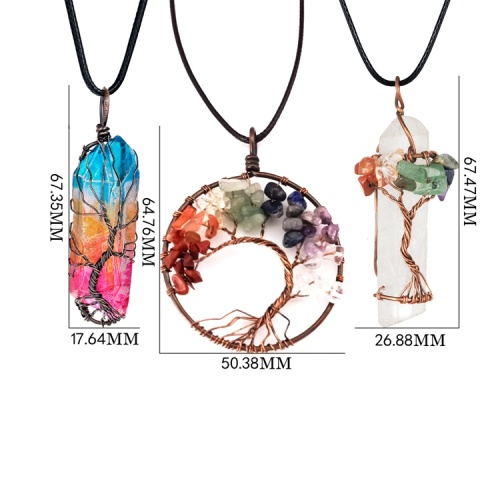 3 pair pendant necklaces tree of life copper wire wound natural quartz aura Healing Crystal Point chakra Jewelry Gift