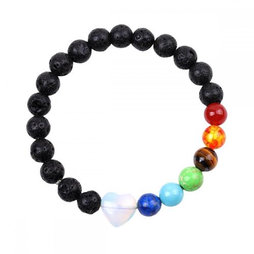 Gemstone 7 Chakra Healing Reiki Stretch Bracelet Black Lava Stone With Crystal Heart Charm Elastic Bracelets for Men Women