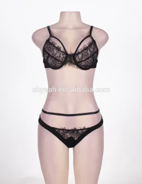 Hot sale black eyelash lace transparent bra panty set