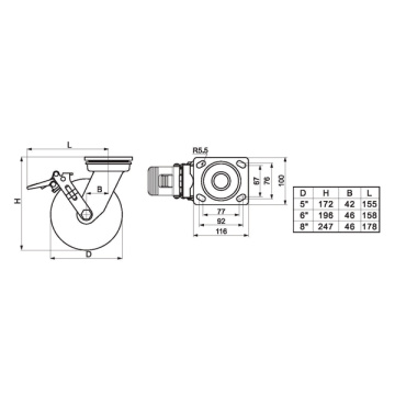 Тяжелый 8-дюймовый 450-килограммовый тормозной диск TPU Caster