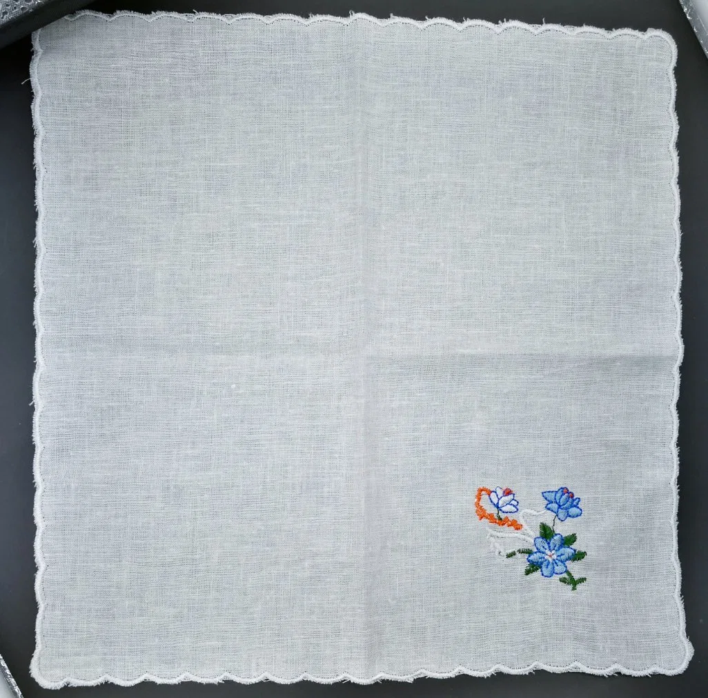 Cotton Embroidered Wedding Handkerchief with Scallop Edge