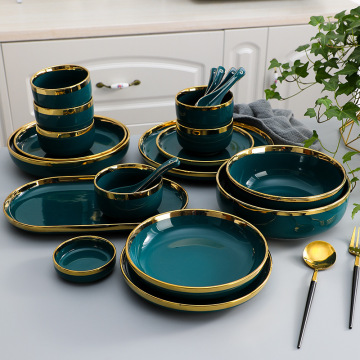 Luxury Gold Rim Ceramic Dinnerware Set - Green Salad Plates & Soup Bowls for Restaurants & Hotels
