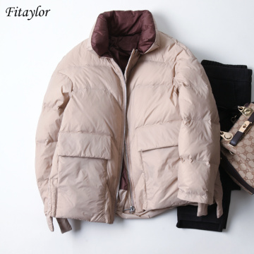 Fitaylor Winter Women White Duck Down Coat Stand Collar Loose Down Short Jacket Color Split Joint Parka Female Warm Snow Outwear
