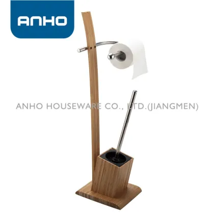 ANHO new bamboo S/S stand on floor rectangular toilet brush and paper rack