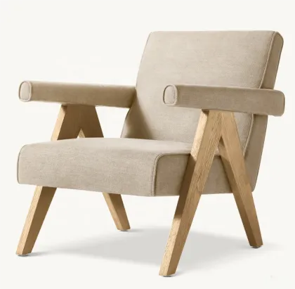 Modern Oak Wood Armchair with Leather Upholstery - Pierre Jeanneret Style from Chandigarh