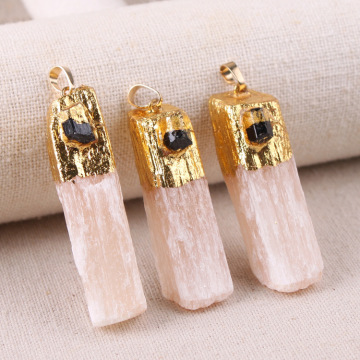 Black Tourmaline Tumbled Gold Orangle Selenite Crystal Gypsum Pillar Pendant for DIY Making Jewelry