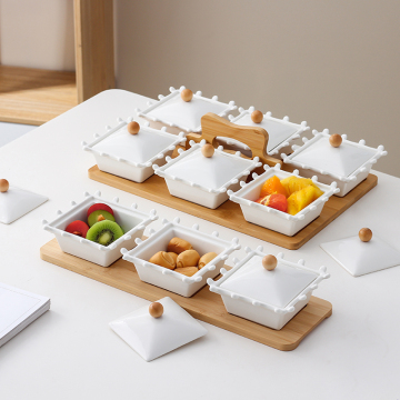 Square Bowl Snack Set: Ceramic Bowl with Lid & Wood Tray - 4 Pieces in One Set for Restaurants and Hotels