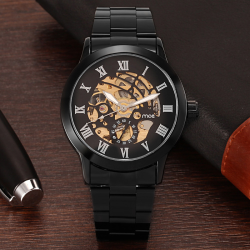 Black Stainless Steel Strap Skeleton Watch For Men
