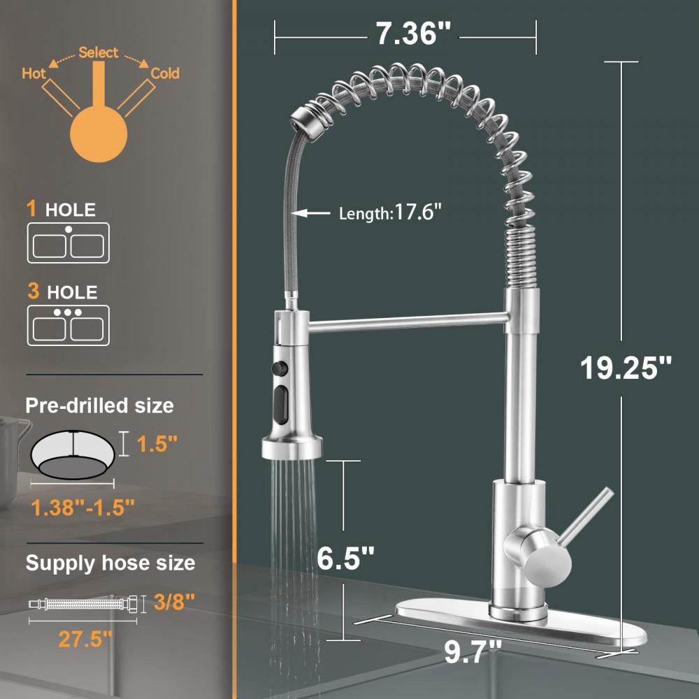 Gebürstete Nickelküchenarmaturen mit Pull -Down -Sprühgerät, handelsüblicher Einzelgriff aus rostfreier Stahlfeder
