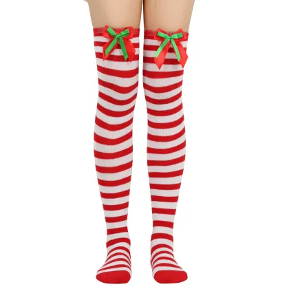 Wholesale Christmas Striped Over Knee Socks with Santa Bow