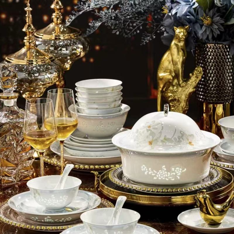 Luxury Asian Tableware Set with Floral Design and Gold Accents