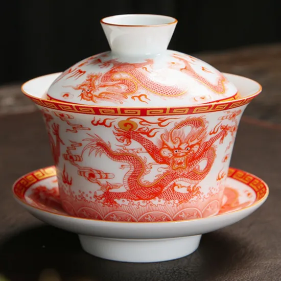 Hand Painted Dragon Gaiwan Tea Bowl Gai Wan Porcelain auspicious Tea Tureen tea set for milk oolong tea Bone china Cover bowl