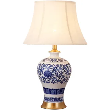 Hot Sale Modern Blue and White Hotel Home Porcelain Ceramic Fabric Shade Table Lamp