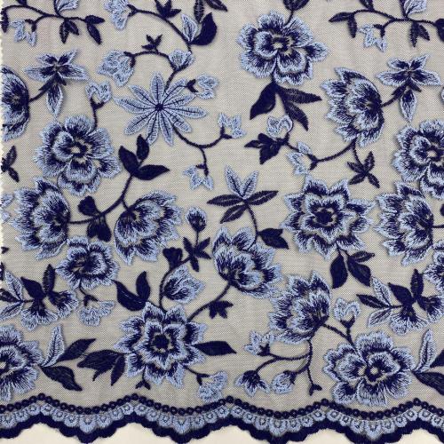 Light Blue/Navy Double Borders Embroidery Fabrics