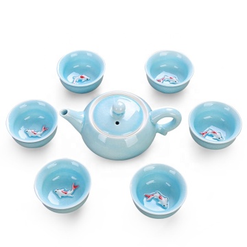 Handmade Chinese Kung Fu Porcelain Tea Set with Koi Fish Design - 6 Cups Gift Box