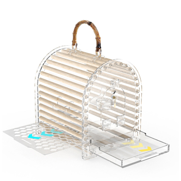 Transparent Hanging Acrylic Bird Cage with Peony Design and Empty Feeder