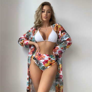 Floral Print Bikini Set: Triangle Swimsuit with Beach Cover-Up Skirt