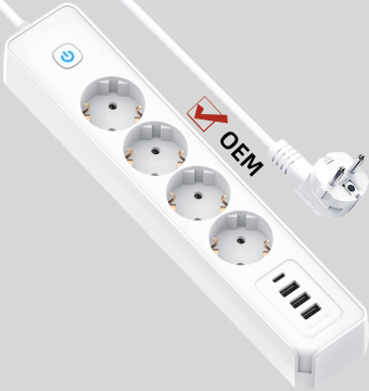 Jalur kuasa plag EU dengan port USB-A &amp; Type-C dan suis lampu 1.5m Lampu