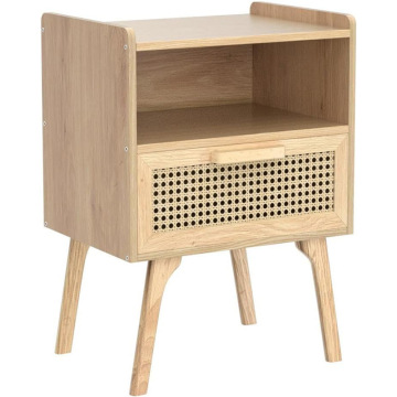 Medieval Modern Solid Wood Rattan Bedside Table with Storage