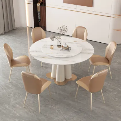 Modern Minimalist Luxury Rock Slab Round Dining Table with Turntable