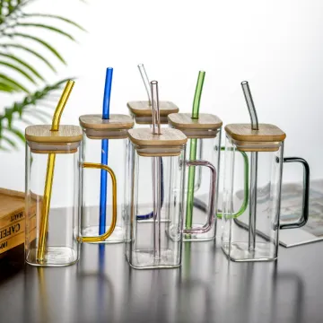 Borosilicate Glass Drinkware: Mugs, Cups, Beer Glasses with Bamboo Lids and Straws for Home and Bar