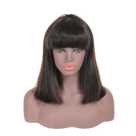 Oem Machine Made Black 100% Peruvian Virgin Human Hair Wavy Short Bob Wig With Bangs