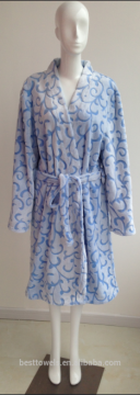 Custom lady's shawl collar style embossing print flannel bathrobe