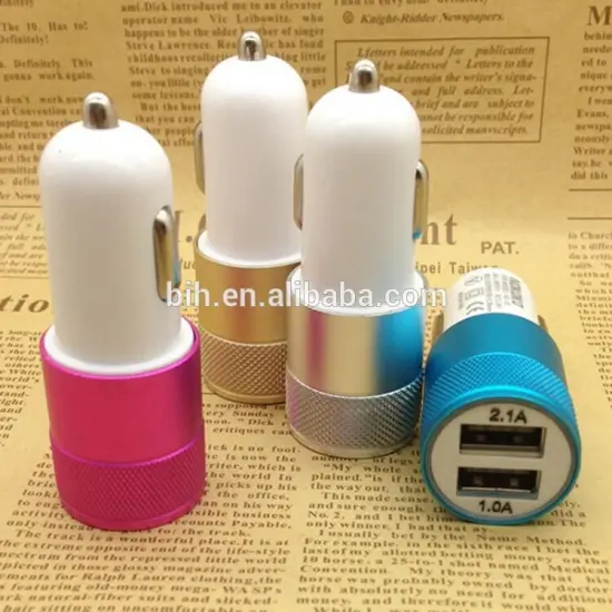 Colorful metal dual USB cellphone car charger OEM logo