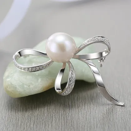 Wholesale Quality 925 Silver Bowknot Pearl Brooch Jewelry