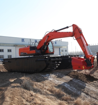 Amphibious  excavator with side pontoons