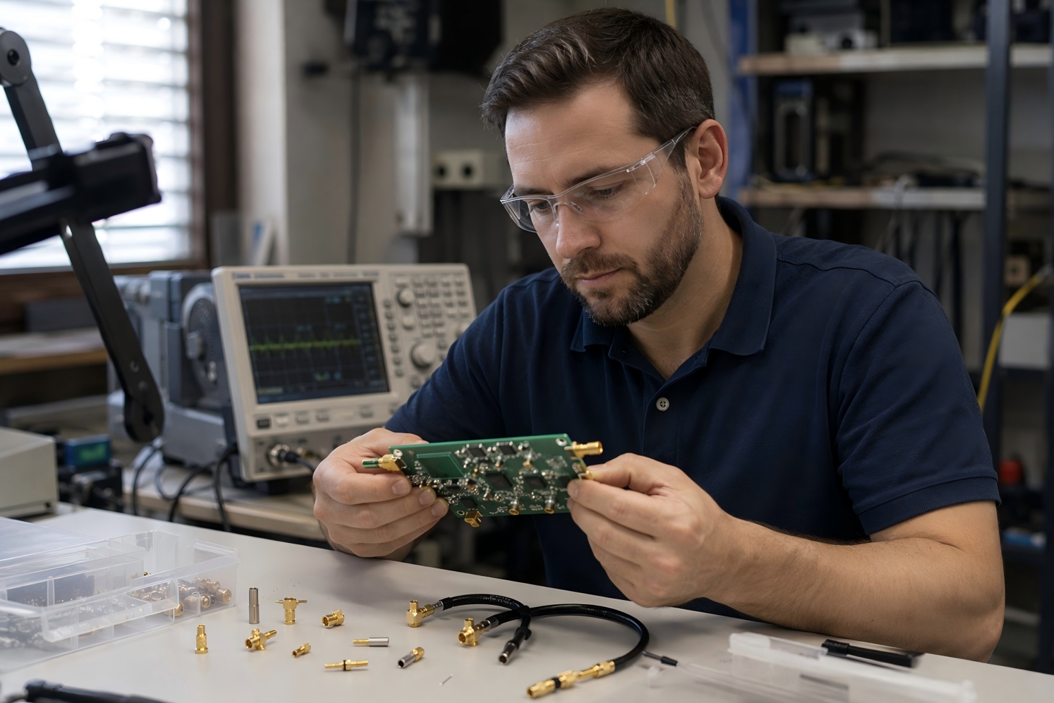 Ingegnere RF che testa connettori SMB e MMCX su un prototipo PCB per la progettazione di dispositivi IoT RF engineer testing SMB and MMCX connectors on PCB prototype for IoT device design