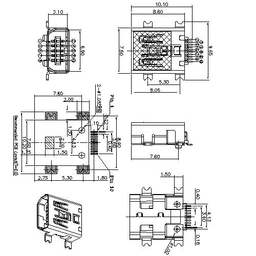 NUFM15 15 MINI USB 10P AB TYPE RECEPTACLE,( 58452814,Philips Full SMT with Post) 