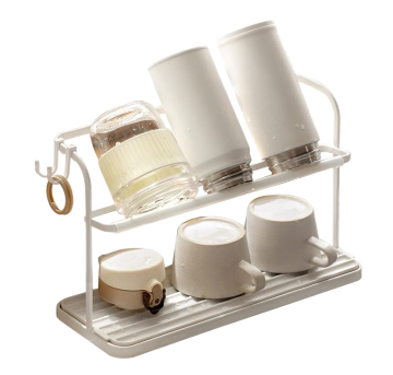 2 Layer Stainless Steel Teacup Dish Drainer with Hooks: Cup Organizer, Drain Drying Board, Shelf, and Drink Cup Mug Holder