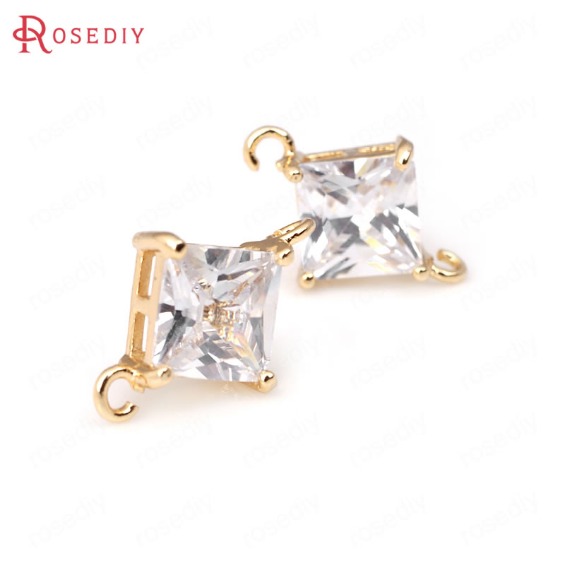 (31965)4PCS 6MM 8MM 24K Champagne Gold Color Brass with Zircon Square 2 hole Connector Charms High Quality Jewelry Accessories