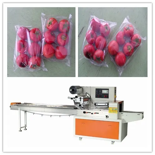 Tomatoes in tray flow packaging machine