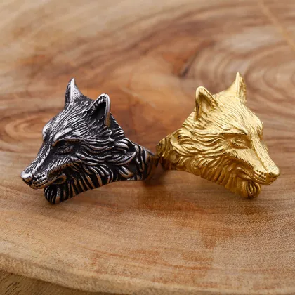 Mens Stainless Steel Viking Gold Wolf Ring