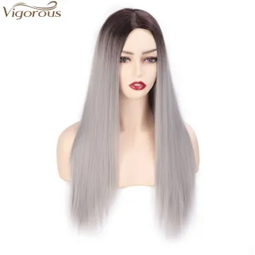 Vigorous Ombre Gray Long Silky Straight Middle Part Wigs Middle Part Synthetic Wig Heat Resistant Fiber Wig For Women