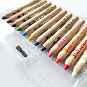 Big Size 12 Color Natural Wood Watercolor Wax Crayons with Brush and Sharpener