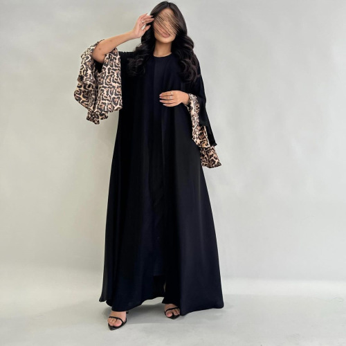 Siyah Leopar Fırfır Kol Açık Kimono Abaya