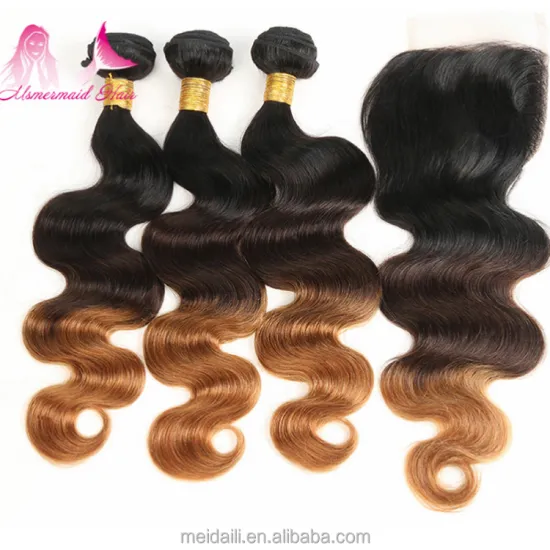 1b/4/27 ombre body wave hair virgin peruvian sew in human hair weave 3 hair bundles with 4*4 closure
