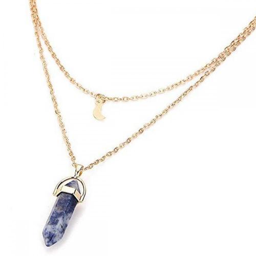 Healing Chakra Gemstone Pointed Hexagonal Pendant Layered Crystal Moon Necklace Gold Metal Chain Choker Jewelry for women Girl