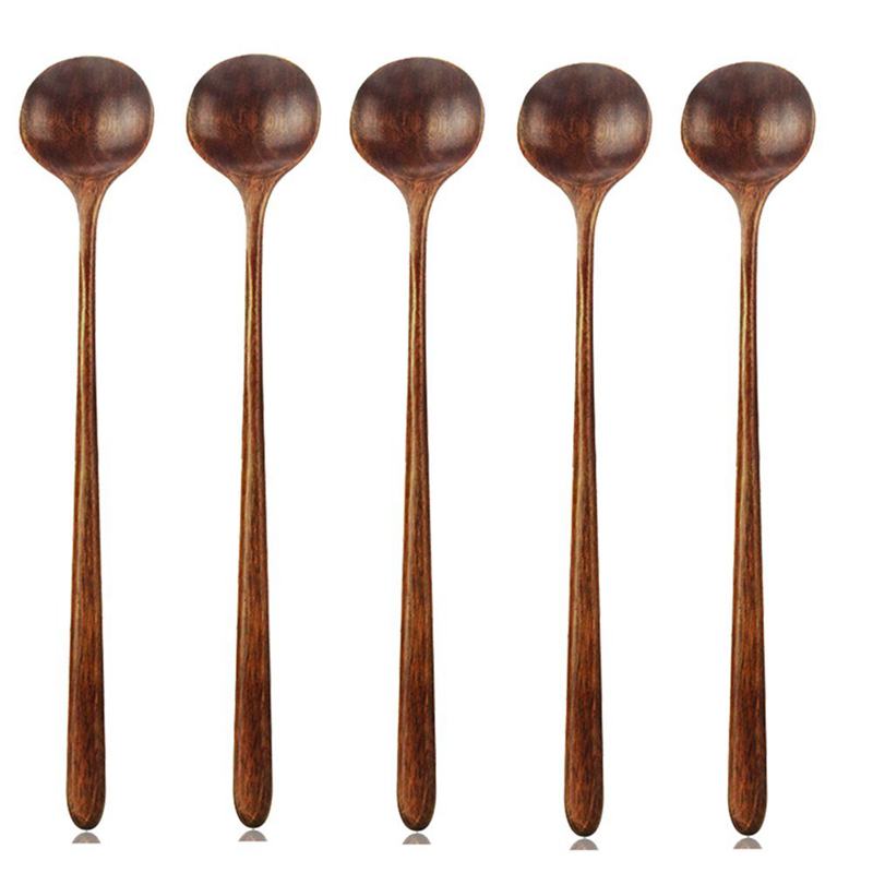 Long Spoons Wooden, 5 Pieces Korean Style 10.9 inches 100% Natural Wood Long Handle Round Spoons for Soup Cooking Mixing Stirr