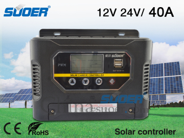 SUOER Pengontrol Surya Kualitas Tinggi 12V 40A Pengontrol Tenaga Surya Surya Regulator dengan 5V 1A USB